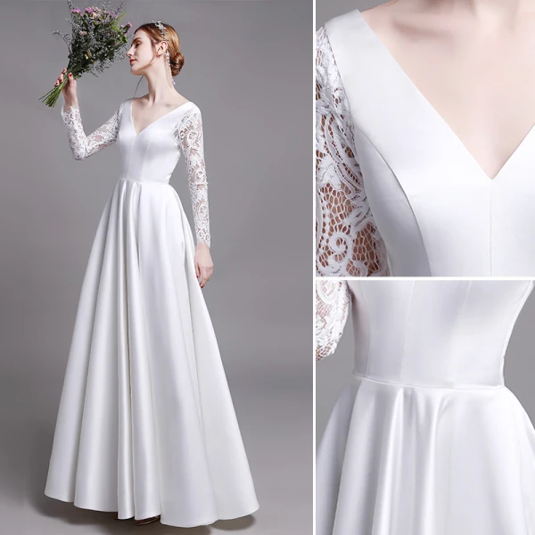 Classique Blanche Plage Robe De Mariée 2019 Princesse V-Cou En Dentelle Fleur Manches Longues Dos Nu Longue