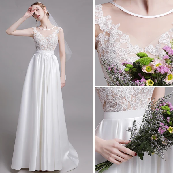 Edles Weiß Strand Brautkleider / Hochzeitskleider 2019 A Linie Rundhalsausschnitt Perle Spitze Blumen Ärmellos Rückenfreies Sweep / Pinsel Zug