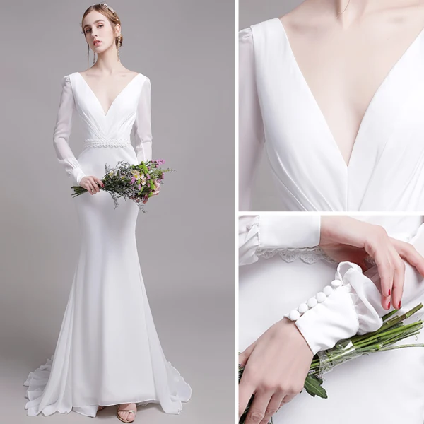 Charmant Couleur Unie Blanche Plage Robe De Mariée 2019 Trompette / Sirène V-Cou Perle En Dentelle Fleur Ceinture Manches Longues Dos Nu Train De Balayage
