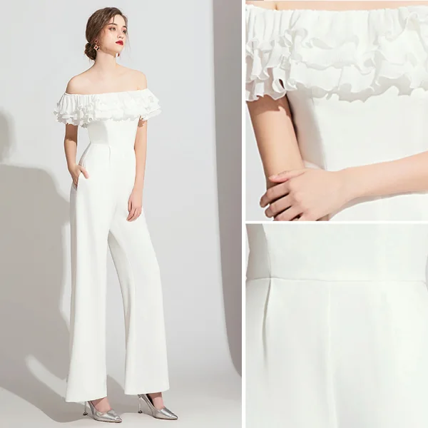 Elegante Ivory / Creme Overall Abendkleider 2021 Rüschen Off Shoulder Kurze Ärmel Rückenfreies Abend Lange Festliche Kleider