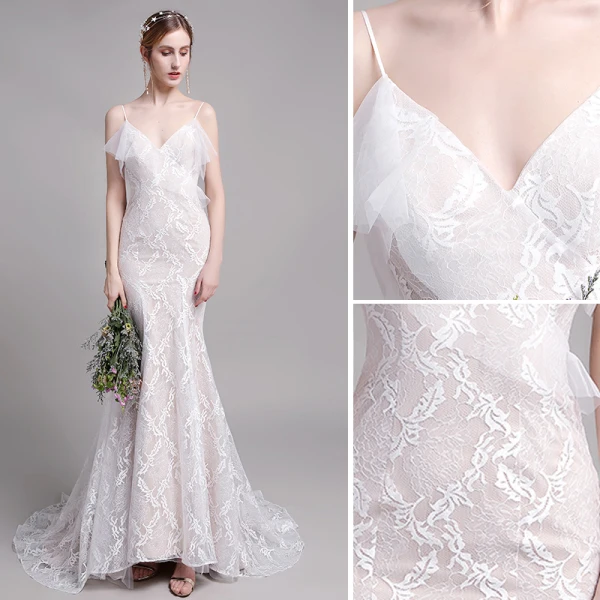 Charmant Champagne Plage Robe De Mariée 2019 Trompette / Sirène Bretelles Spaghetti En Dentelle Fleur Sans Manches Dos Nu Train De Balayage