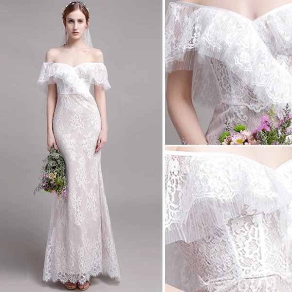 Chic / Belle Champagne Plage Robe De Mariée 2019 Trompette / Sirène De l'épaule En Dentelle Fleur Manches Courtes Dos Nu Train De Balayage