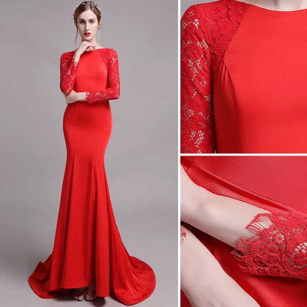 Chic Couleur Unie Rouge Robe De Soirée 2019 Trompette / Sirène Encolure Dégagée En Dentelle Fleur Manches Longues Train De Balayage Robe De Ceremonie