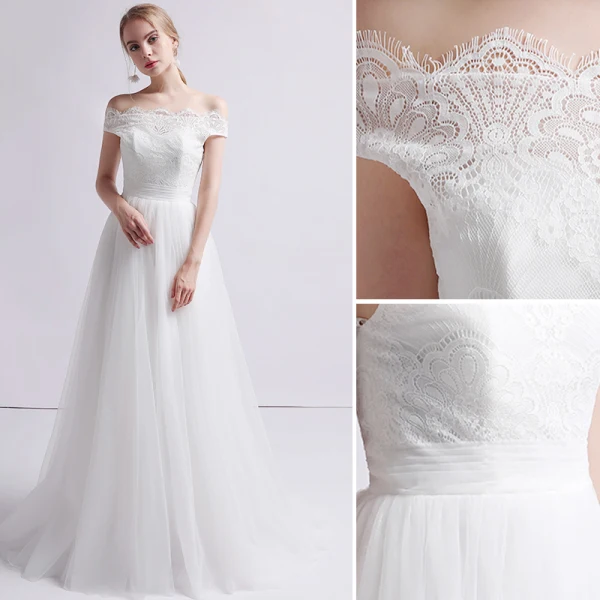 Edles Weiß Brautkleider / Hochzeitskleider 2019 A Linie Off Shoulder Perle Spitze Blumen Ärmellos Rückenfreies Sweep / Pinsel Zug