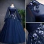 Vintage / Retro Navy Blue Prom Dresses 2019 A-Line / Princess Scoop Neck Beading Appliques Lace Flower Long Sleeve Backless Floor-Length / Long Formal Dresses