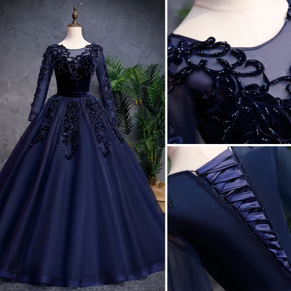 Chic / Beautiful Navy Blue Prom Dresses 2019 A-Line / Princess Scoop Neck Beading Pearl Suede Flower Sequins Long Sleeve Floor-Length / Long Formal Dresses