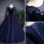 Chic / Beautiful Navy Blue Prom Dresses 2019 A-Line / Princess Scoop Neck Beading Pearl Suede Flower Sequins Long Sleeve Floor-Length / Long Formal Dresses