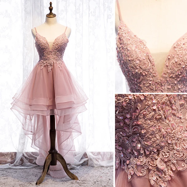 Chic / Belle Perle Rose Robe De Cocktail 2019 Princesse Bretelles Spaghetti Perlage Paillettes En Dentelle Fleur Sans Manches Dos Nu Asymétrique Robe De Ceremonie