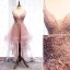 Chic / Belle Perle Rose Robe De Cocktail 2019 Princesse Bretelles Spaghetti Perlage Paillettes En Dentelle Fleur Sans Manches Dos Nu Asymétrique Robe De Ceremonie
