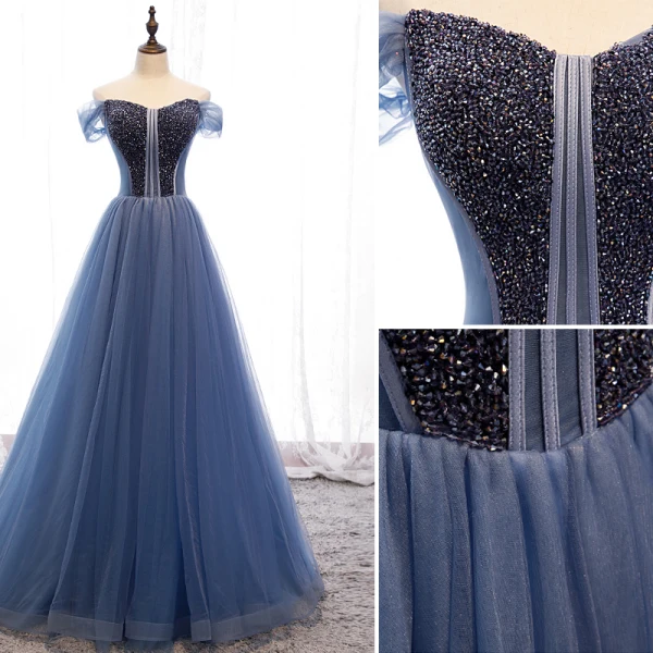 Edles Meeresblau Abendkleider 2019 A Linie Off Shoulder Perlenstickerei Kristall Ärmellos Rückenfreies Sweep / Pinsel Zug Festliche Kleider