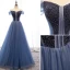 Edles Meeresblau Abendkleider 2019 A Linie Off Shoulder Perlenstickerei Kristall Ärmellos Rückenfreies Sweep / Pinsel Zug Festliche Kleider