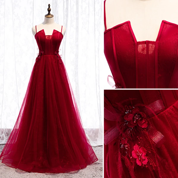 Chic / Beautiful Burgundy Evening Dresses 2019 A-Line / Princess Spaghetti Straps Beading Lace Flower Appliques Sleeveless Backless Floor-Length / Long Formal Dresses