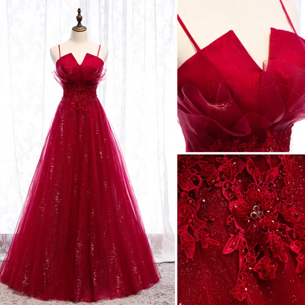 Charmant Bordeaux Robe De Soirée 2019 Princesse Bretelles Spaghetti Cristal En Dentelle Fleur Faux Diamant Sans Manches Dos Nu Longue Robe De Ceremonie