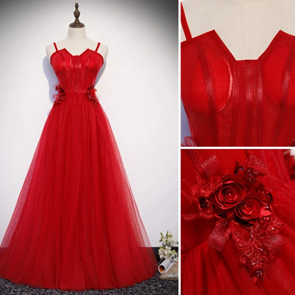 Chic Couleur Unie Rouge Robe De Soirée 2019 Princesse Bretelles Spaghetti Perlage En Dentelle Fleur Appliques Perle Sans Manches Dos Nu Longue Robe De Ceremonie