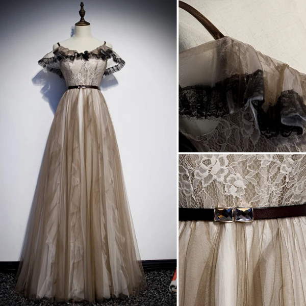 Chic / Belle Kaki Robe De Soirée 2019 Princesse Bretelles Spaghetti Ceinture En Dentelle Fleur Manches Courtes Dos Nu Longue Robe De Ceremonie
