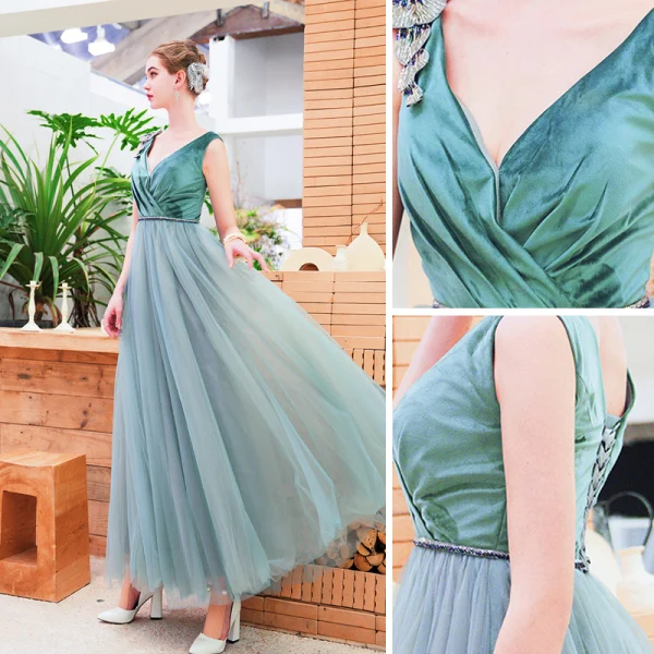 Chic / Beautiful Jade Green Evening Dresses 2019 A-Line / Princess Suede V-Neck Rhinestone Sleeveless Backless Floor-Length / Long Formal Dresses