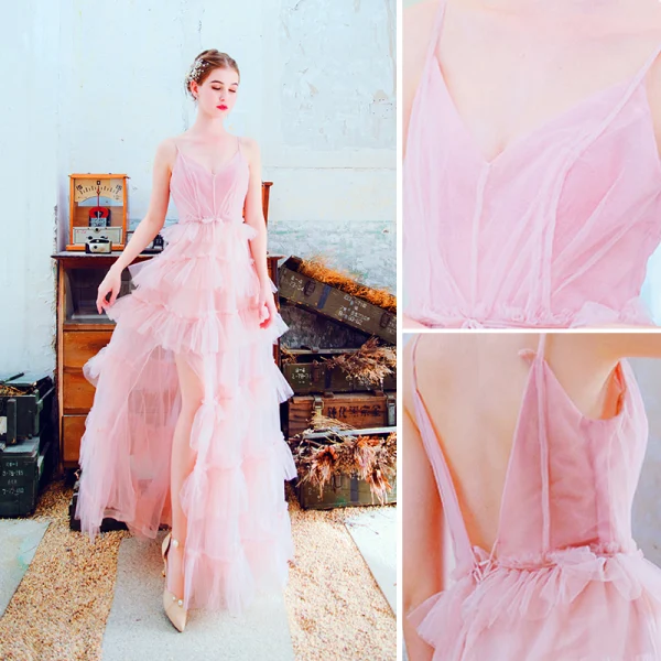 Chic / Belle Rose Bonbon Robe De Soirée 2019 Princesse Bretelles Spaghetti Sans Manches Dos Nu Volants en Cascade Longue Robe De Ceremonie