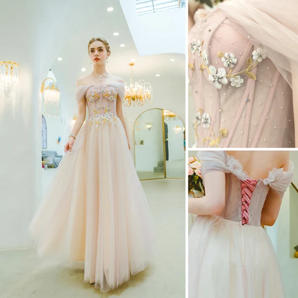 Chic / Beautiful Blushing Pink Evening Dresses  2019 A-Line / Princess Off-The-Shoulder Rhinestone Lace Flower Sleeveless Backless Floor-Length / Long Formal Dresses