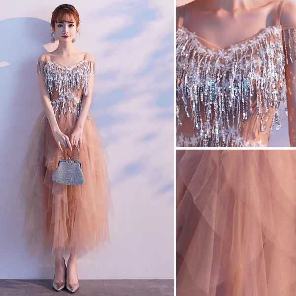 Modern / Fashion Champagne Evening Dresses 2019 A-Line / Princess Spaghetti Straps Lace Flower Sequins Tassel Sleeveless Ankle Length Formal Dresses