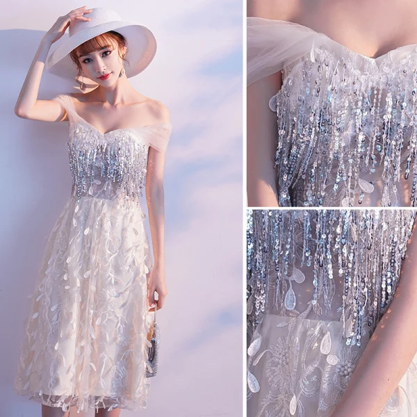 Charmant Champagne Robe De Soirée 2019 Princesse De l'épaule Appliques En Dentelle Fleur Paillettes Gland Sans Manches Dos Nu Thé Longueur Robe De Ceremonie