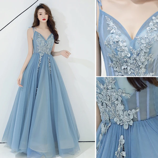 Chic / Beautiful Sky Blue Evening Dresses 2019 A-Line / Princess Sleeveless Beading Lace Flower Appliques Spaghetti Straps Backless Floor-Length / Long Formal Dresses