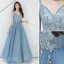 Chic / Beautiful Sky Blue Evening Dresses  2019 A-Line / Princess Sleeveless Beading Lace Flower Appliques Spaghetti Straps Backless Floor-Length / Long Formal Dresses