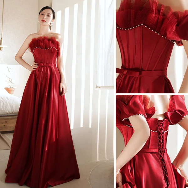 Charmant Bordeaux Robe De Bal 2021 Princesse Perle De l'épaule Sans Manches Dos Nu Longue Promo Robe De Ceremonie