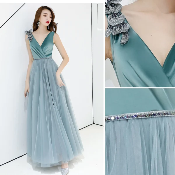 Chic / Beautiful Jade Green Evening Dresses 2019 A-Line / Princess Suede V-Neck Lace Flower Sleeveless Backless Floor-Length / Long Formal Dresses
