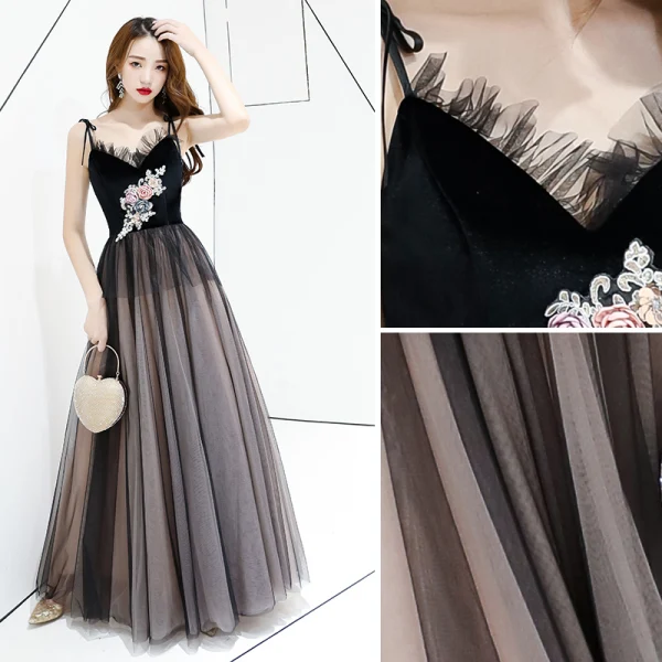 Chic / Belle Noire Robe De Soirée 2019 Princesse Bretelles Spaghetti En Dentelle Fleur Sans Manches Dos Nu Train De Balayage Robe De Ceremonie