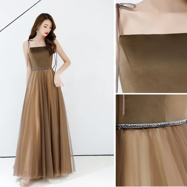 Chic / Belle Marron Robe De Soirée 2019 Princesse Bretelles Spaghetti Sans Manches Dos Nu Longue Robe De Ceremonie