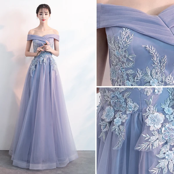 Charmant Lavande Robe De Soirée 2019 Princesse De l'épaule Perlage Perle En Dentelle Fleur Manches Courtes Dos Nu Longue Robe De Ceremonie