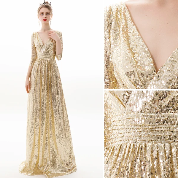 Sparkly Champagne Evening Dresses 2019 A-Line / Princess V-Neck Sequins 3/4 Sleeve Backless Floor-Length / Long Formal Dresses