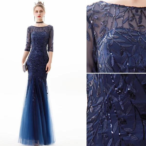 Chic / Belle Bleu Marine Robe De Soirée 2019 Trompette / Sirène Encolure Dégagée Paillettes En Dentelle Fleur 3/4 Manches Dos Nu Longue Robe De Ceremonie