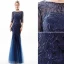 Chic / Belle Bleu Marine Robe De Soirée 2019 Trompette / Sirène Encolure Dégagée Paillettes En Dentelle Fleur 3/4 Manches Dos Nu Longue Robe De Ceremonie