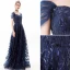 Elegancka Granatowe Sukienki Wieczorowe 2019 Princessa Kwadratowy Dekolt Cekiny Z Koronki Kwiat Kótkie Rękawy Bez Pleców Długie Sukienki Wizytowe