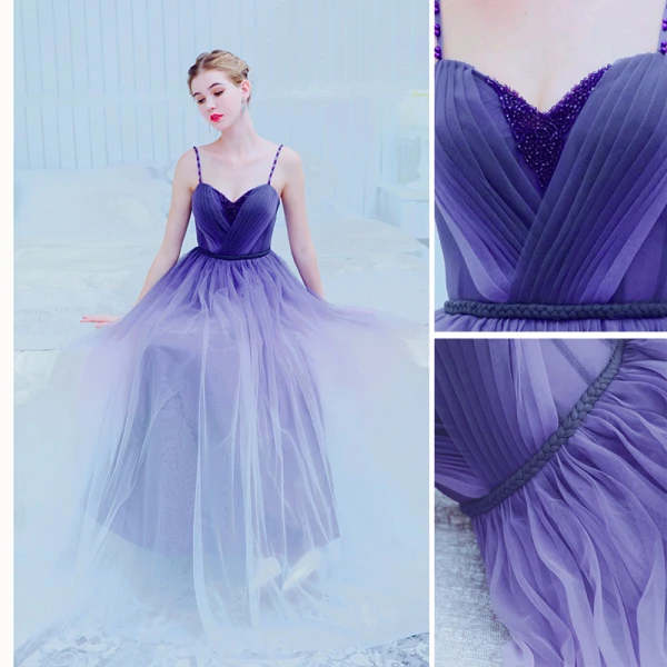 Charmant Violett Farbverlauf Abendkleider 2019 A Linie Spaghettiträger Perlenstickerei Kristall Ärmellos Rückenfreies Lange Festliche Kleider