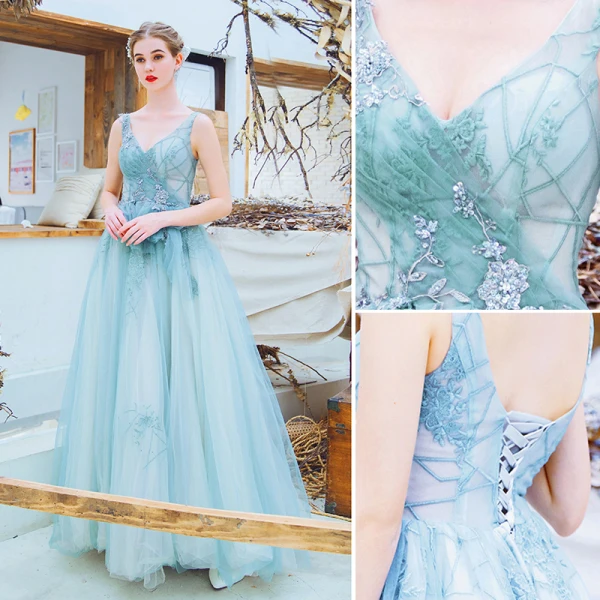 Chic / Beautiful Sky Blue Evening Dresses  2019 A-Line / Princess V-Neck Beading Pearl Sequins Lace Flower Sleeveless Backless Floor-Length / Long Formal Dresses