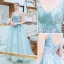 Chic / Beautiful Sky Blue Evening Dresses  2019 A-Line / Princess V-Neck Beading Pearl Sequins Lace Flower Sleeveless Backless Floor-Length / Long Formal Dresses