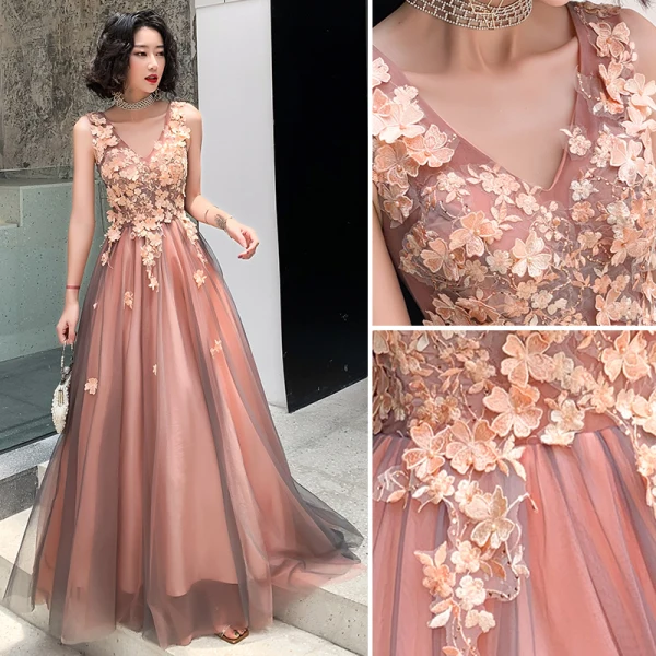 Elegante Rosa Abendkleider 2019 A Linie V-Ausschnitt Strass Blumen Spitze Ärmellos Rückenfreies Lange Festliche Kleider