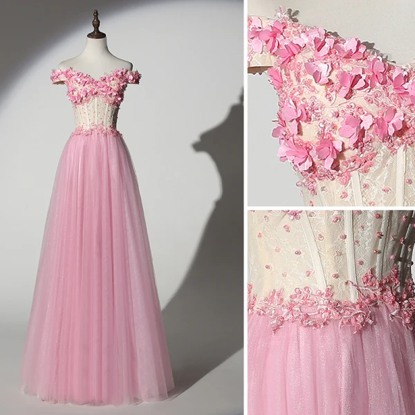 Chic / Belle Rose Bonbon Robe De Bal 2019 Princesse De l'épaule Perlage Perle En Dentelle Fleur Appliques Manches Courtes Dos Nu Longue Robe De Ceremonie
