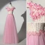 Chic / Belle Rose Bonbon Robe De Bal 2019 Princesse De l'épaule Perlage Perle En Dentelle Fleur Appliques Manches Courtes Dos Nu Longue Robe De Ceremonie