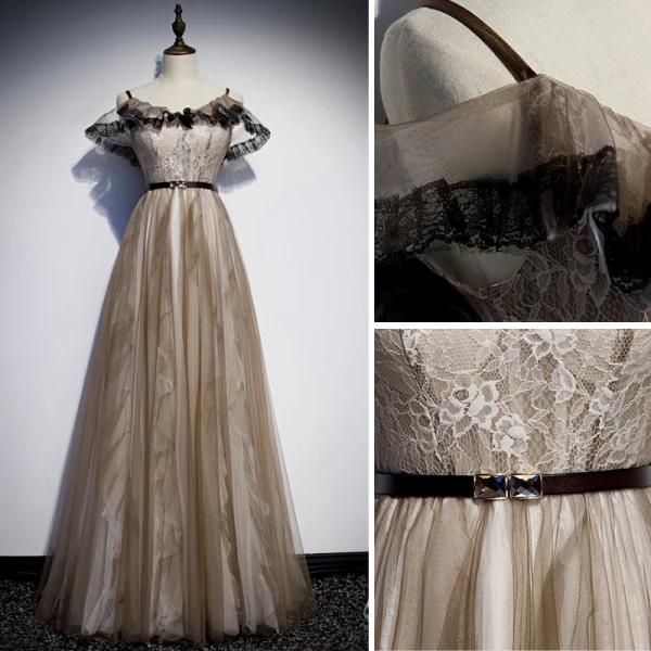 Chic Kaki Robe De Soirée 2019 Princesse Bretelles Spaghetti Ceinture En Dentelle Fleur Sans Manches Dos Nu Longue Robe De Ceremonie