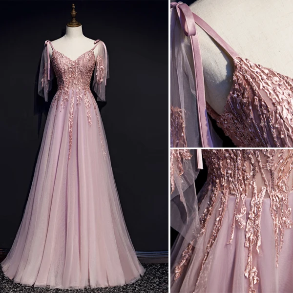 Charmant Rougissant Rose Robe De Soirée 2019 Princesse Bretelles Spaghetti Noeud Perlage En Dentelle Fleur Sans Manches Dos Nu Longue Robe De Ceremonie