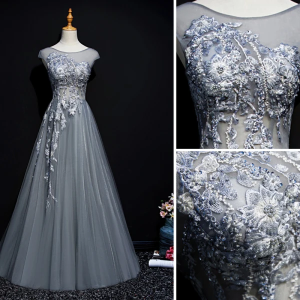 Chic Gris Robe De Soirée 2019 Princesse Encolure Dégagée Perlage Perle Paillettes En Dentelle Fleur Sans Manches Train De Balayage Robe De Ceremonie