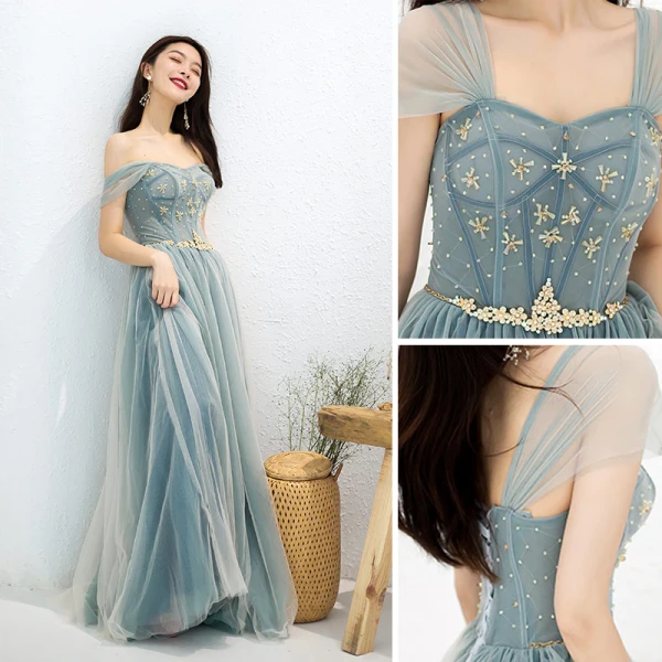 Charming Sage Green Evening Dresses 2019 A-Line / Princess Off-The-Shoulder Beading Crystal Rhinestone Sash Sleeveless Backless Floor-Length / Long Formal Dresses