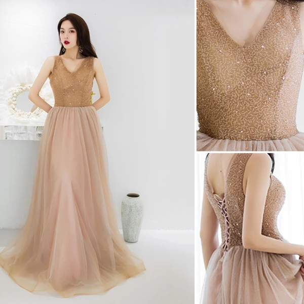 Charming Gold Evening Dresses  2019 A-Line / Princess V-Neck Beading Sequins Lace Flower Sleeveless Backless Floor-Length / Long Formal Dresses