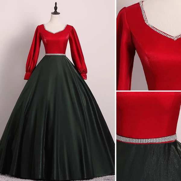 Vintage / Retro Black Red Prom Dresses 2019 Ball Gown V-Neck Rhinestone Sash Long Sleeve Floor-Length / Long Formal Dresses