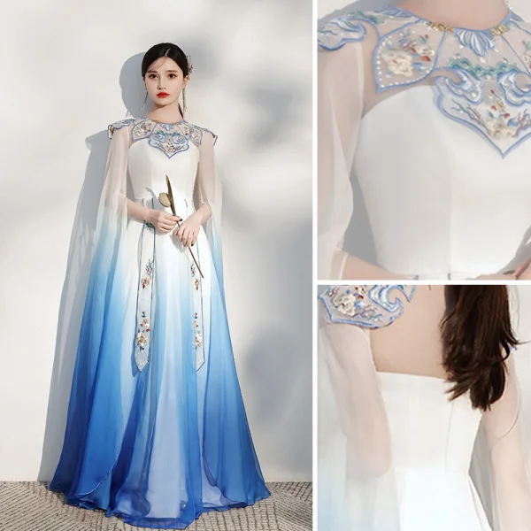 Chinese style Gradient-Color Pool Blue Silk Evening Dresses 2021 A-Line / Princess Scoop Neck Embroidered Short Sleeve Floor-Length / Long Evening Party Formal Dresses