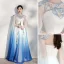 Chinese style Gradient-Color Pool Blue Silk Evening Dresses  2021 A-Line / Princess Scoop Neck Embroidered Short Sleeve Floor-Length / Long Evening Party Formal Dresses