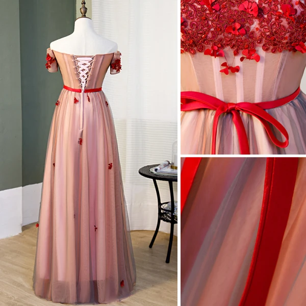 Charmant Rougissant Rose Robe De Soirée 2019 Princesse De l'épaule Cristal En Dentelle Fleur Appliques Manches Courtes Dos Nu Noeud Longue Robe De Ceremonie